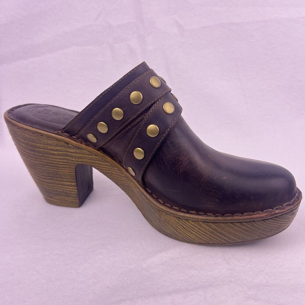 Born Brown Leather Platform Mules Chunky High Heel Clogs Studded Buckle Size 11 - Picture 7 of 16